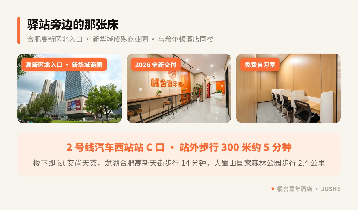 橘舍青年酒店合肥高新区汽车西站地铁站店实拍：高新区北入口新华城商圈的门店外观、2026 全新交付的品牌大厅与免费自习室