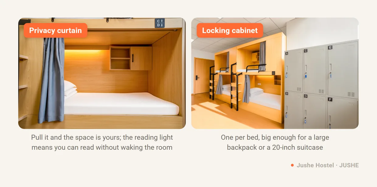 A Jushe Hostel bed with its privacy curtain and reading light, and the locking storage cabinet that comes with every bed