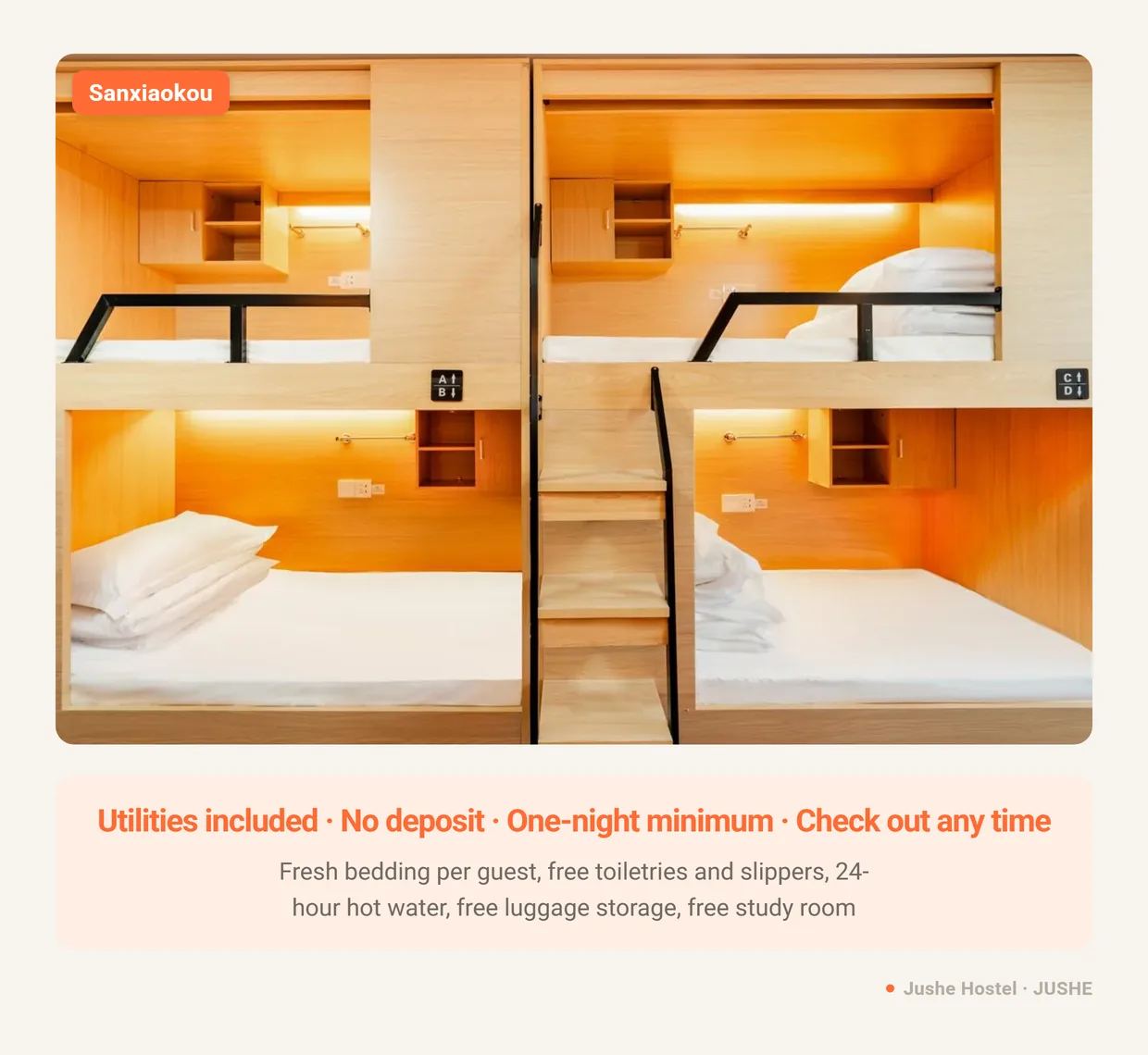 A Jushe Hostel bed at Sanxiaokou showing what is included in the nightly rate with nothing else to buy