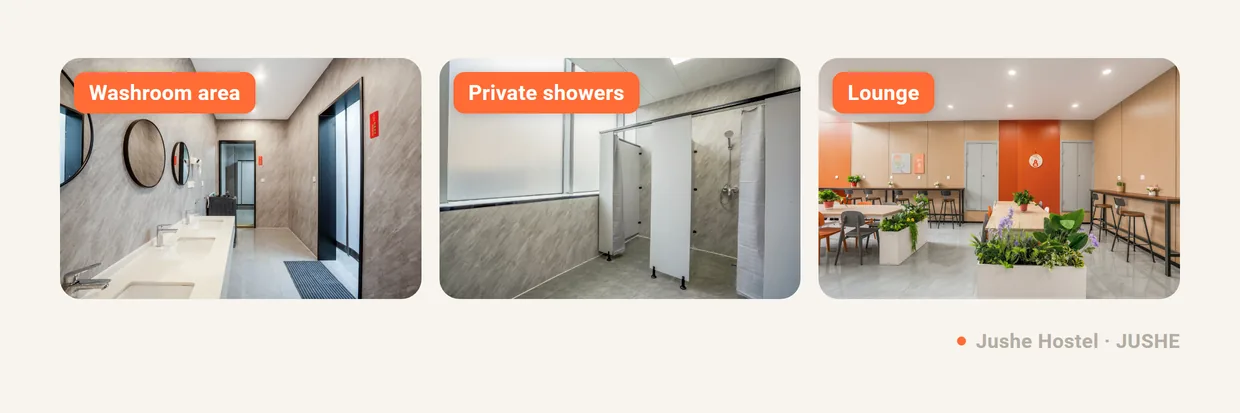 Facilities at Jushe Hostel Gaoxin West Bus Station: the washroom area, a private shower stall and the lounge