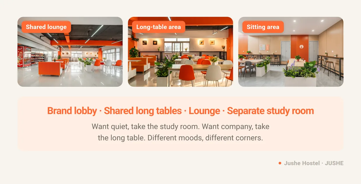 The zoned common areas behind Hostel 2.0 at Jushe: the shared lounge, the long-table area and the sitting area
