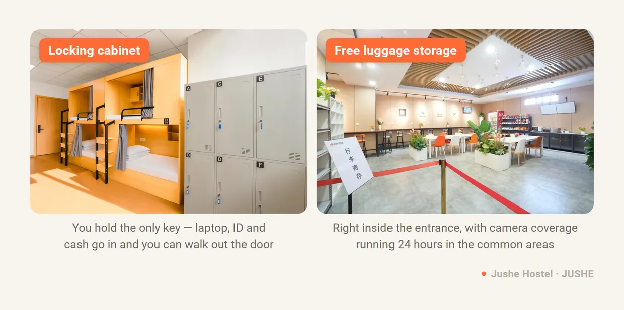 The locking storage cabinet on every Jushe Hostel bed, and the free luggage storage area inside the entrance